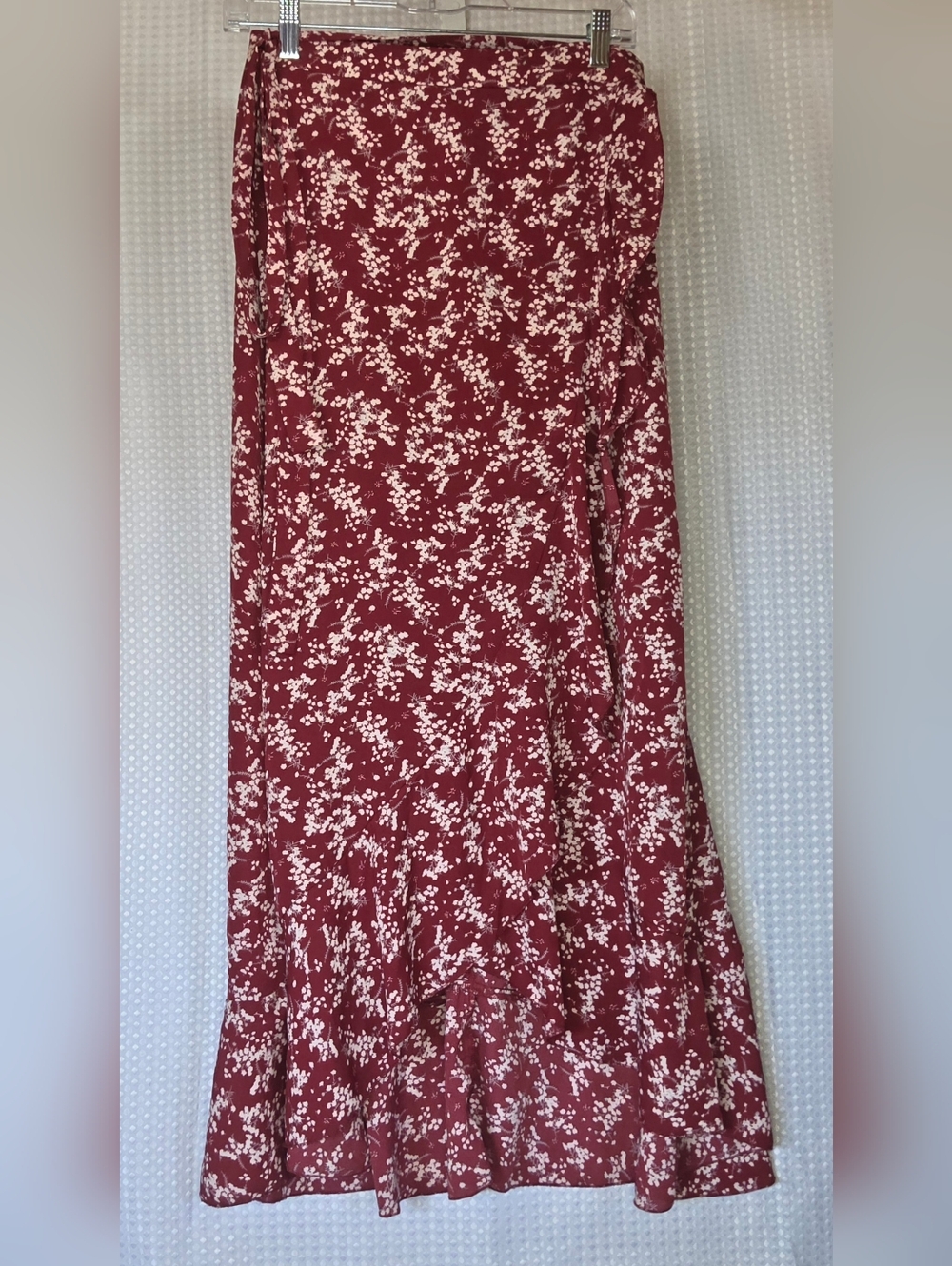 Boho Floral Wrap Skirt Burgundy Midi Ruffle Hem Festival Large - Picture 7 of 8